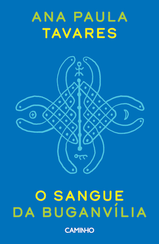 O Sangue da Buganvília Capa de livro azul com texto amarelo e desenho branco abstrato