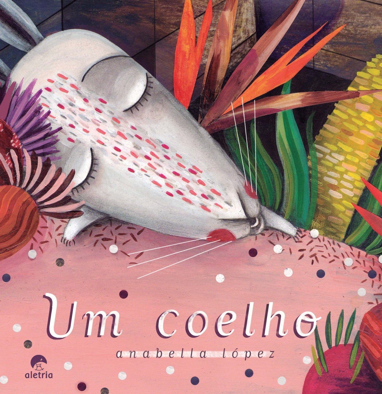 Um Coelho Capa de livro com uma ilustração colorida de um coelho branco e plantas, texto em português.