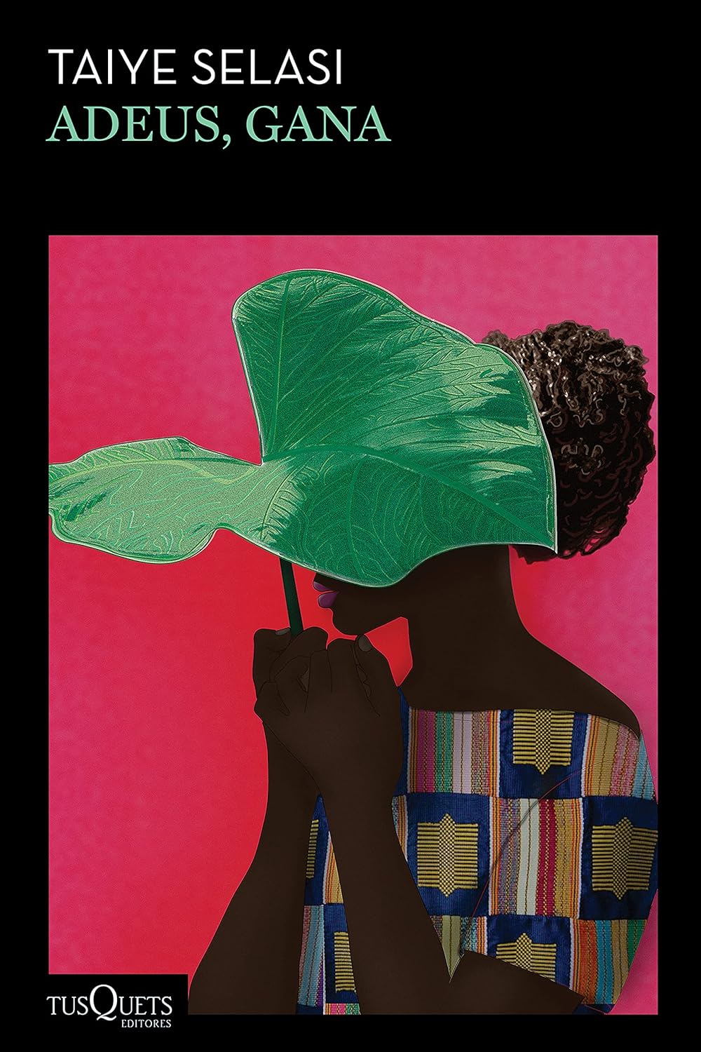 Adeus, Gana Capa de livro com silhueta feminina, folha verde grande e fundo vermelho.