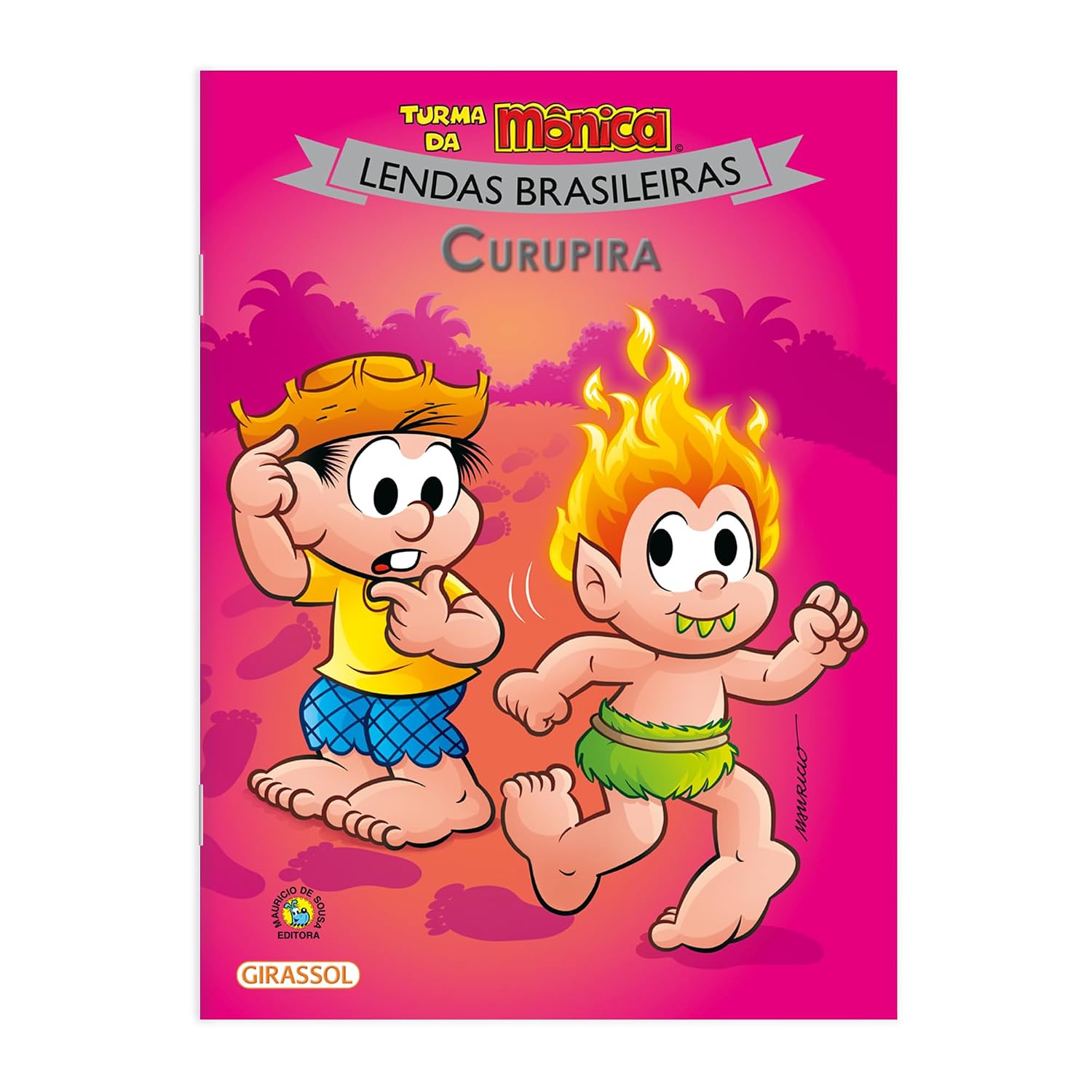 Turma da Mônica Lendas Brasileiras: Curupira Capa de livro infantil Turma da Mônica Lendas Brasileiras Curupira cor-de-rosa com personagens desenhadas