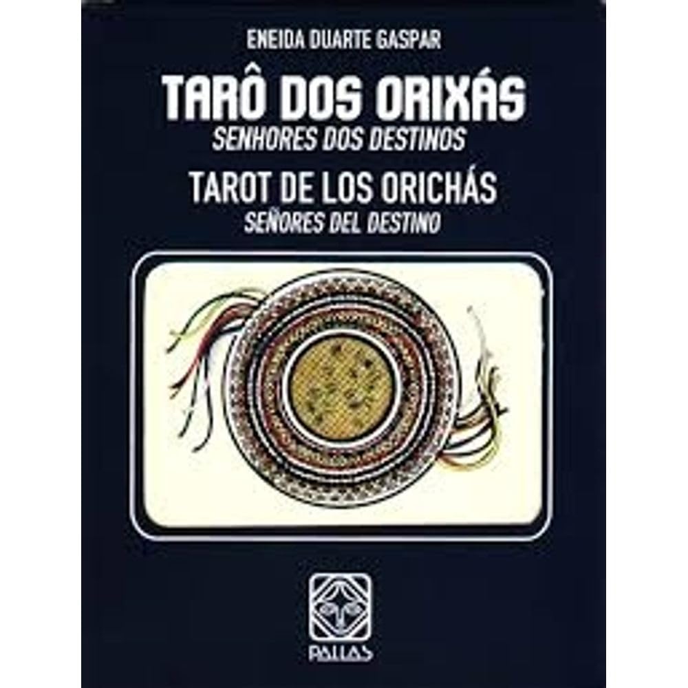 Tarô dos Orixás (livro + cartas) Capa de baralho de tarot Tarô dos Orixás com padrão circular colorido e texto em português e espanhol