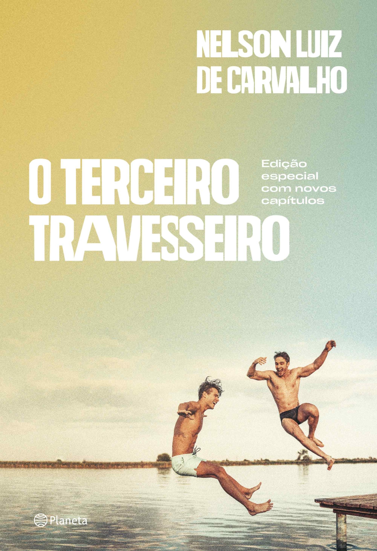 O Terceiro Travesseiro Capa do livro O TERCEIRO TRAVESSEIRO de Nelson Luiz de Carvalho com imagem de dois homens a saltar para um lago.