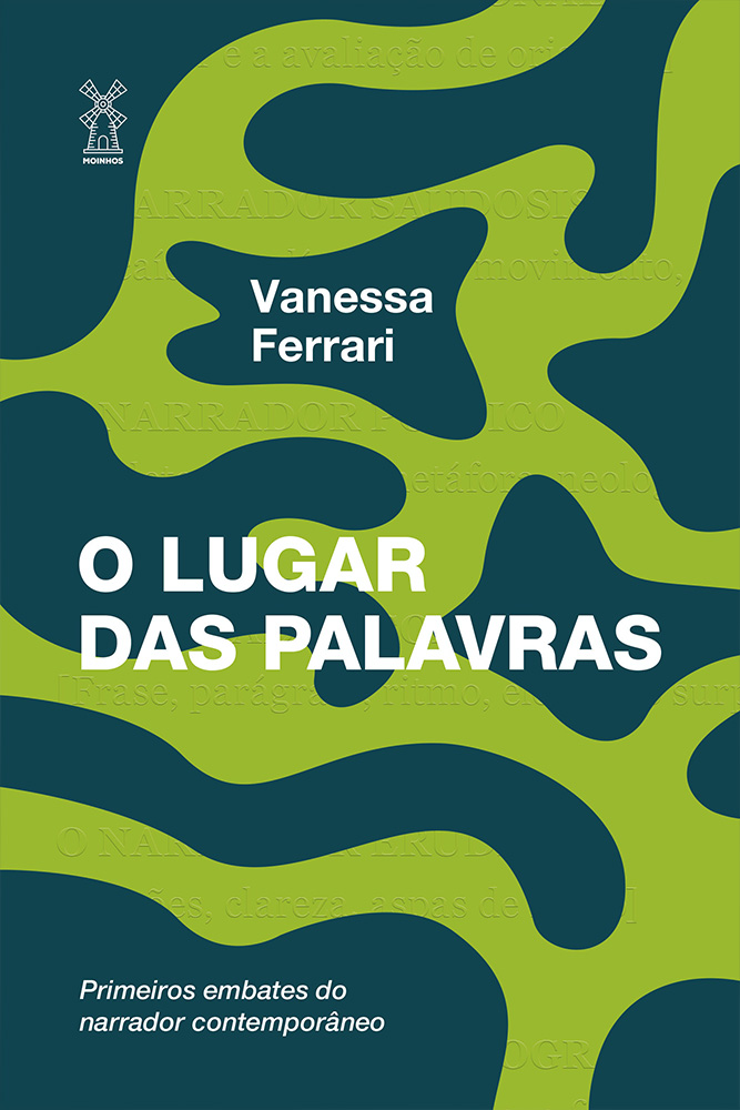 O Lugar das Palavras Capa de livro verde e azul com texto e logótipo Moinhos