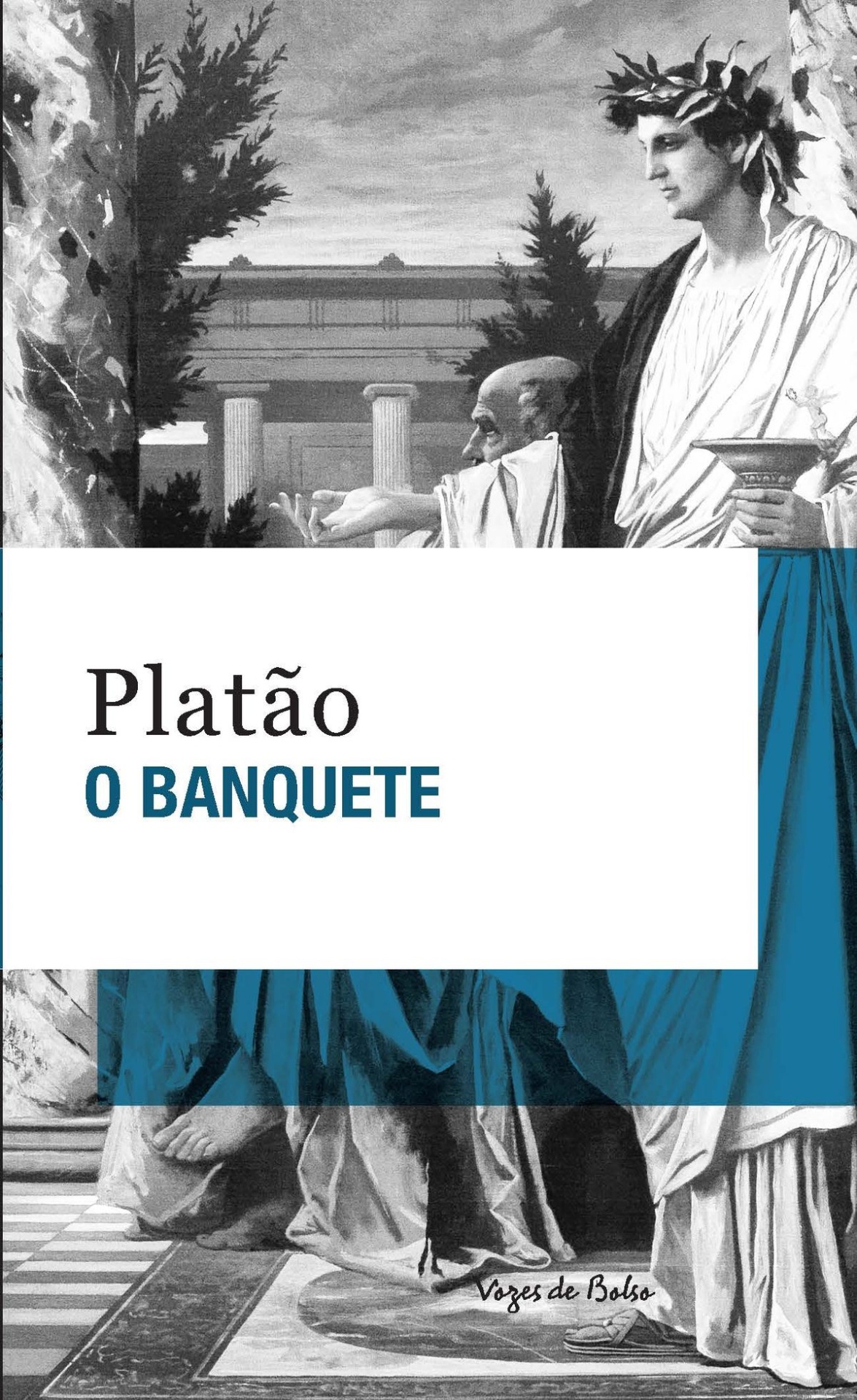O Banquete Capa de livro O BANQUETE de Platão com imagem de figuras em túnicas antigas e colunas ao fundo