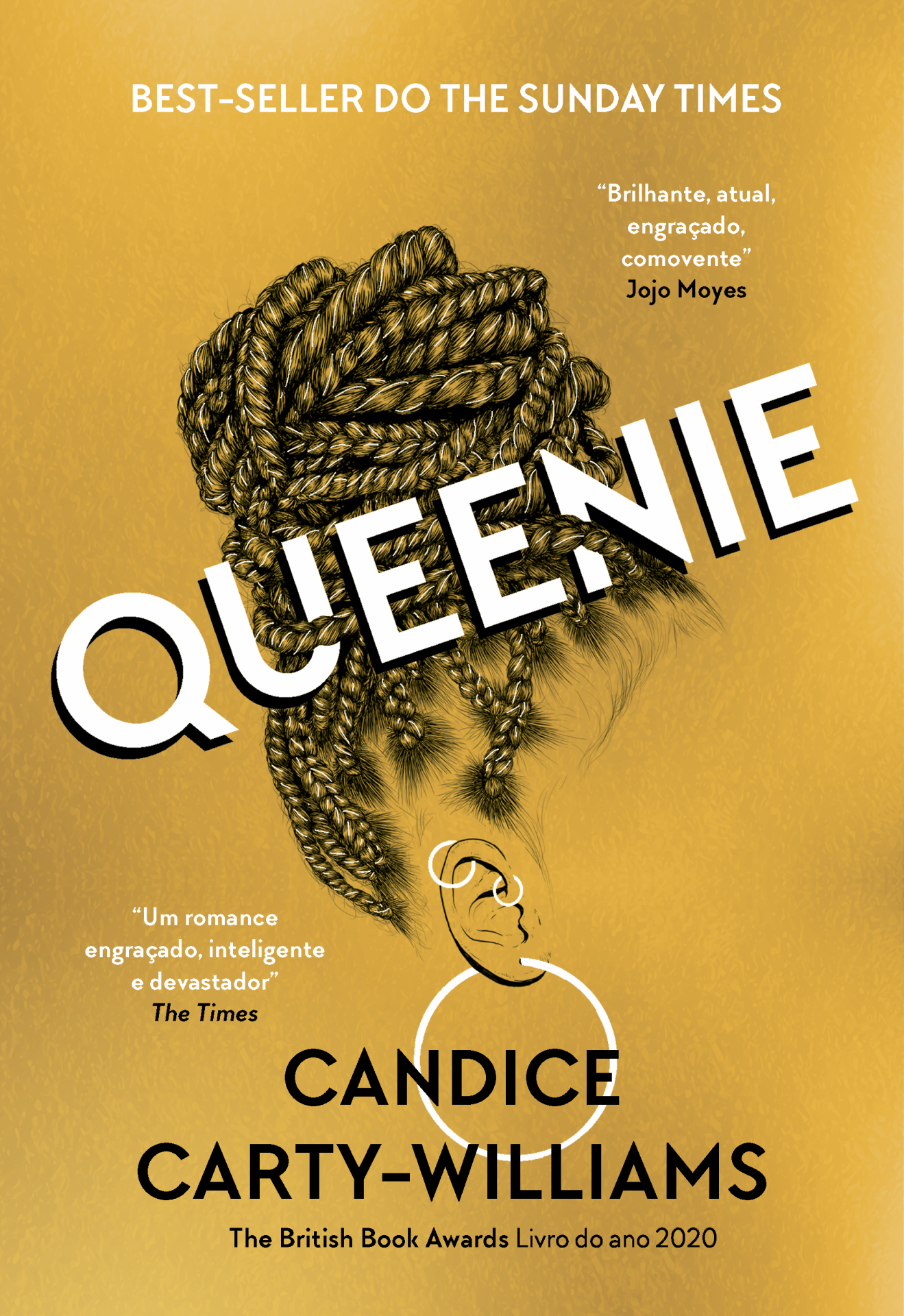 Queenie Capa de livro Queenie com ilustração de cabelo trançado e texto em fundo amarelo