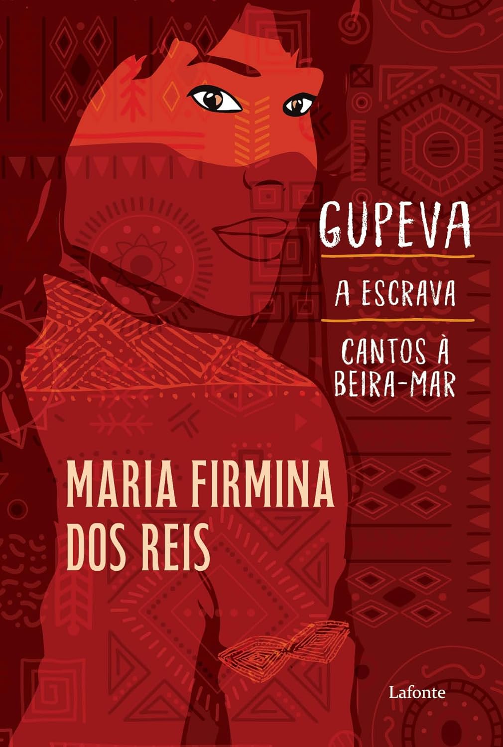 Gupeva / A Escrava / Cantos À Beira-Mar Capa de livro ilustrada com mulher em tons vermelhos e texto em português
