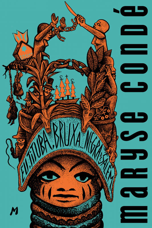 Eu, Tituba, Bruxa Negra de Salem Ilustração colorida de rosto estilizado com texto CULTURA BRUXA NEGRA DE SALÉM e nome marryse conde