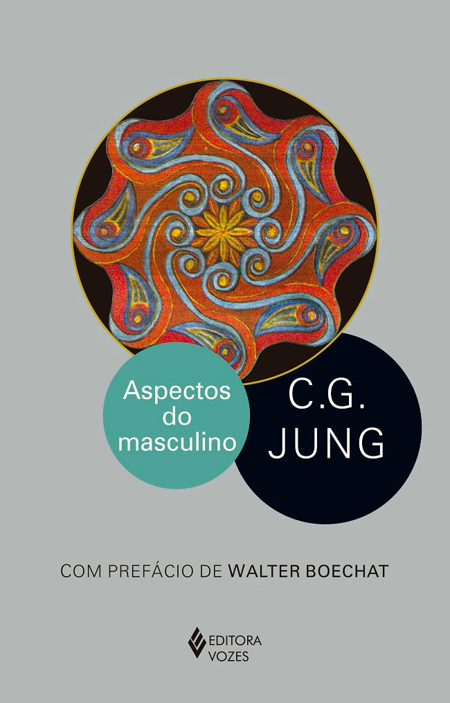 Aspectos do Masculino Capa de livro com padrão colorido abstrato e texto Aspectos do masculino C.G. JUNG