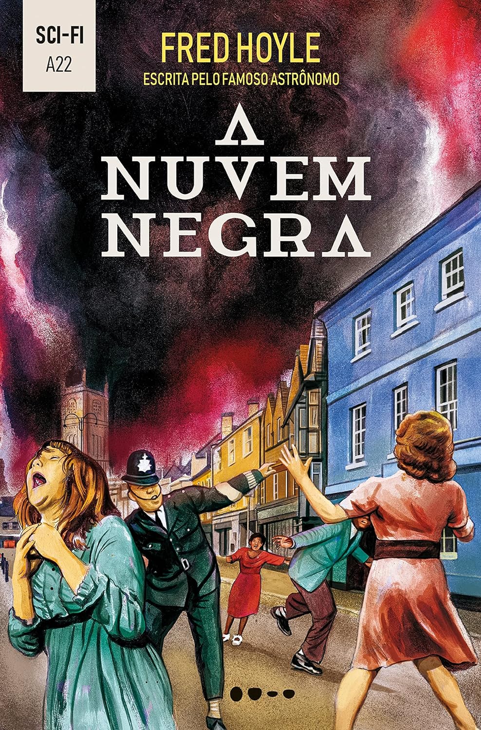 A Nuvem Negra Capa de livro de ficção científica A NUVEM NEGRA com ilustração retro de pessoas assustadas na rua e céu vermelho e negro.