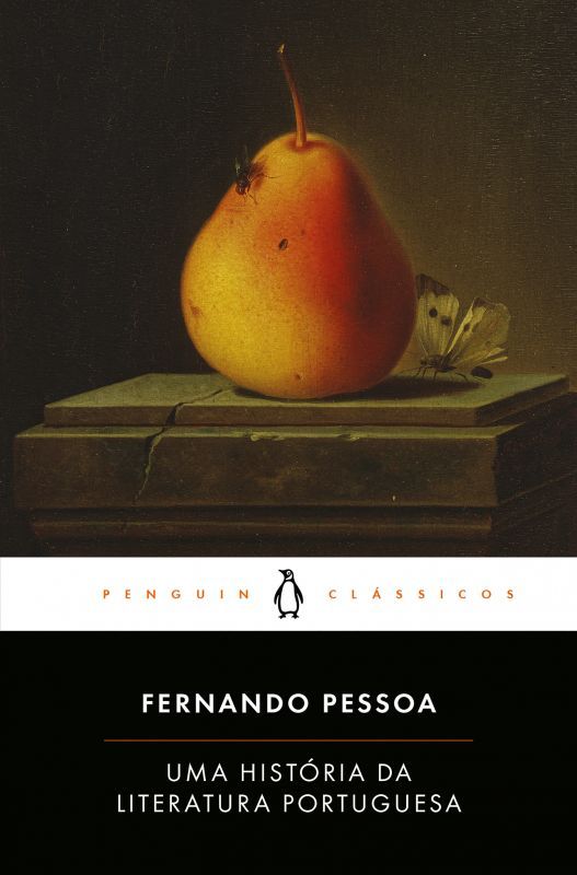 Uma História da Literatura Portuguesa Capa de livro com pera, mosca, borboleta e texto da obra de Fernando Pessoa