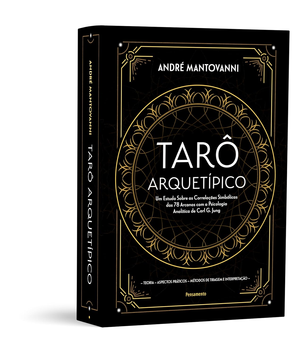 Tarô Arquetípico (livro + cartas) Capa de livro preto e dourado chamado TARÔ ARQUETÍPICO de André Mantovanni.