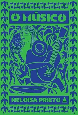 O Músico Capa de livro O Músico com ilustração de mulher, gato e guitarra em verde e azul