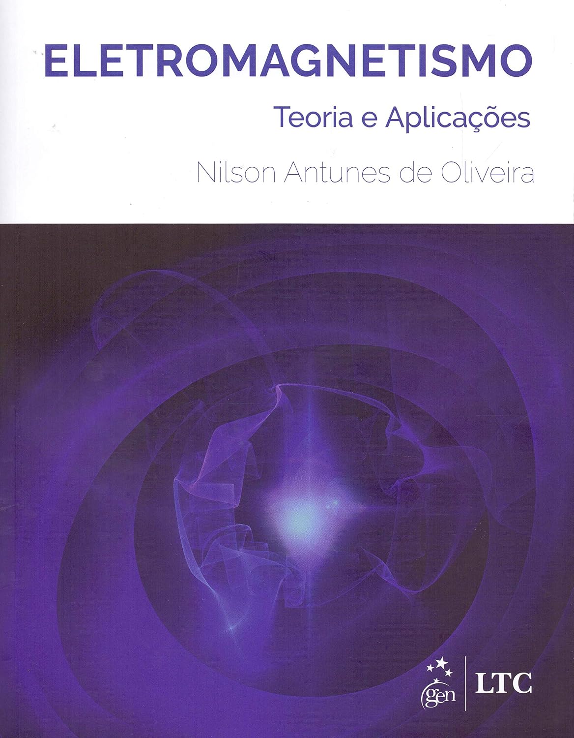 Eletromagnetismo Teoria e Aplicações Capa de livro sobre Eletromagnetismo com fundo branco e azul e texto em roxo.
