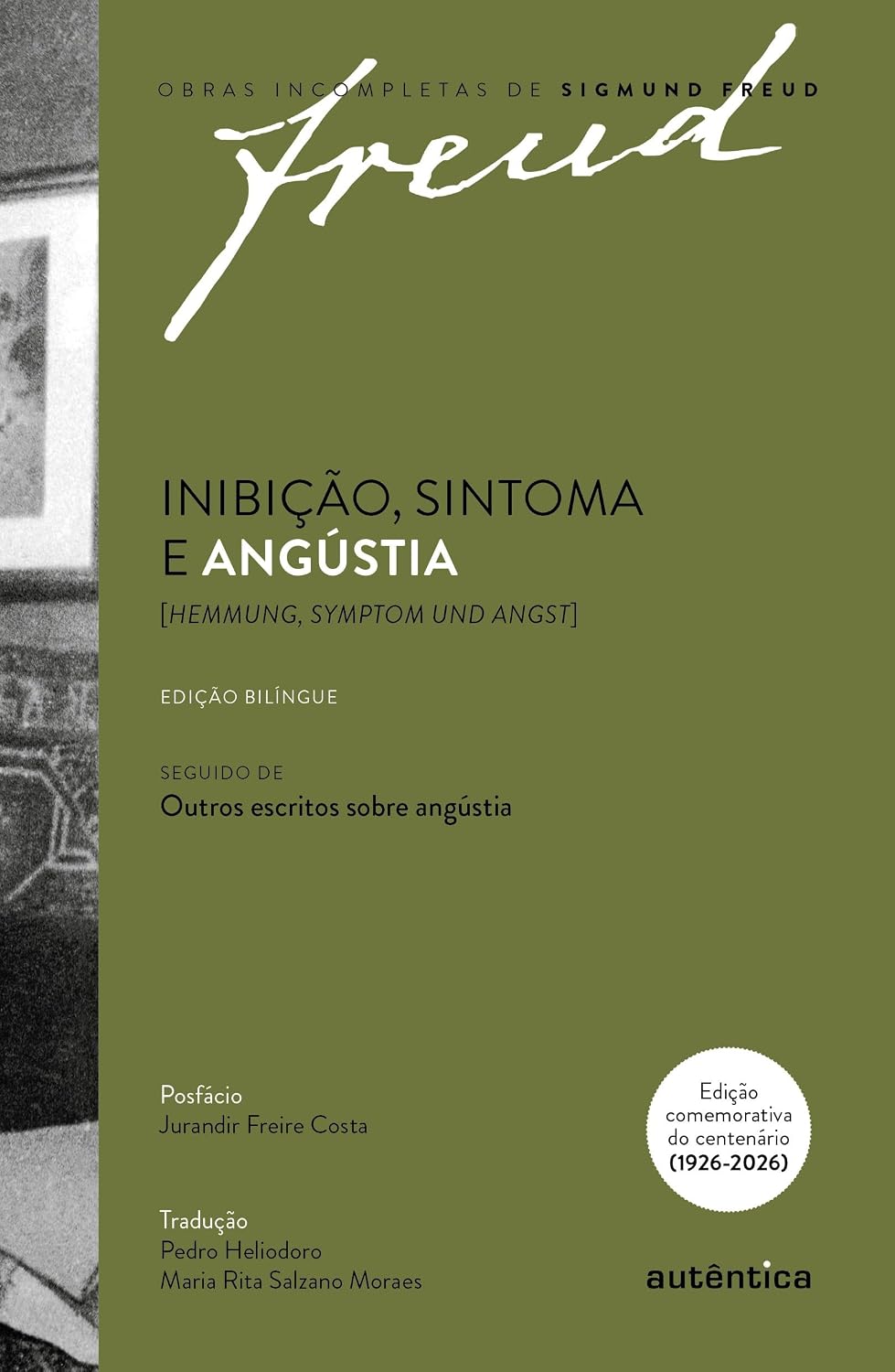 Freud Inibição, Sintoma e Angústia (Bilíngue Port-Alemão) Capa de livro verde com título e informações em texto preto e branco