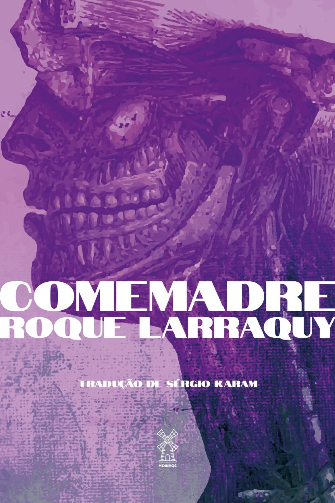 Comemadre Capa de livro com figura esquelética roxa e texto COMEMADRE ROQUE LARRAQUY