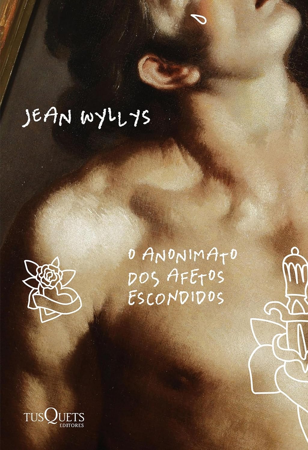 O Anonimato dos Afetos Escondidos Capa de livro com torso masculino e texto manuscrito branco