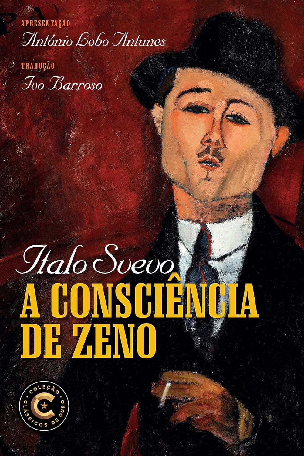 A Consciência de Zeno Capa de livro A Consciência de Zeno de Italo Svevo com pintura de homem de chapéu e texto em português.