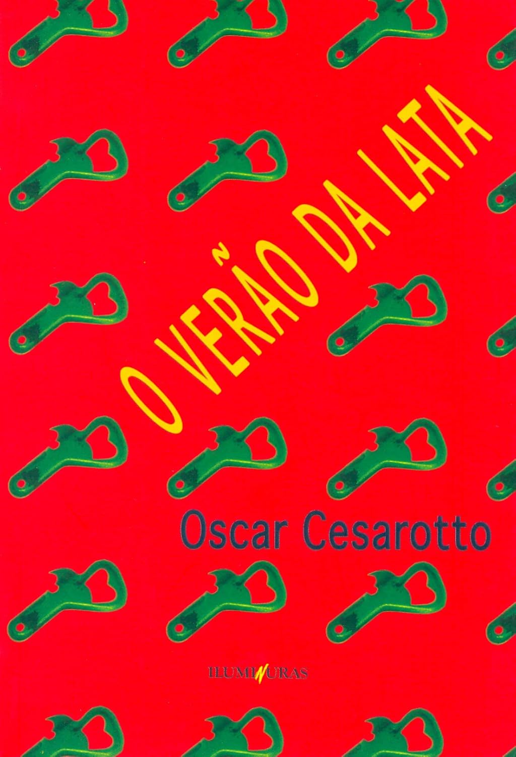 O Verão da Lata Capa de livro vermelha com padrões de abridores de garrafa verdes e texto amarelo e azul