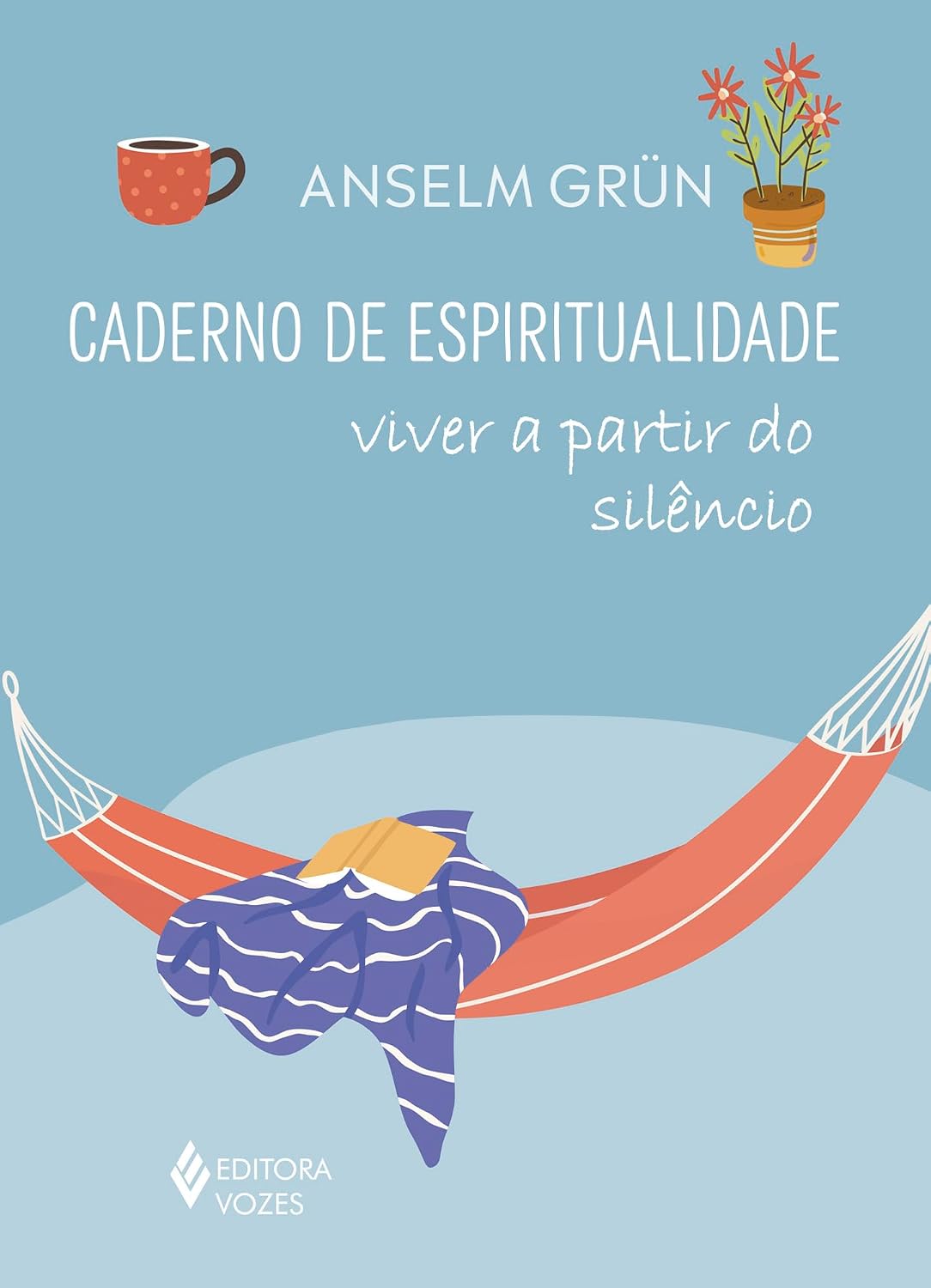 Caderno de Espiritualidade Capa de livro azul com texto e ilustração de rede de descanso com manta e livro aberto.