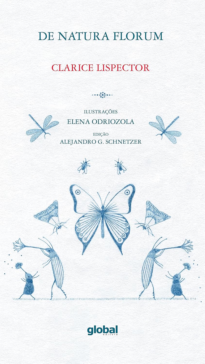 De Natura Florum Capa de livro com título, autor e ilustrações de borboletas e insetos em azul sobre fundo branco.