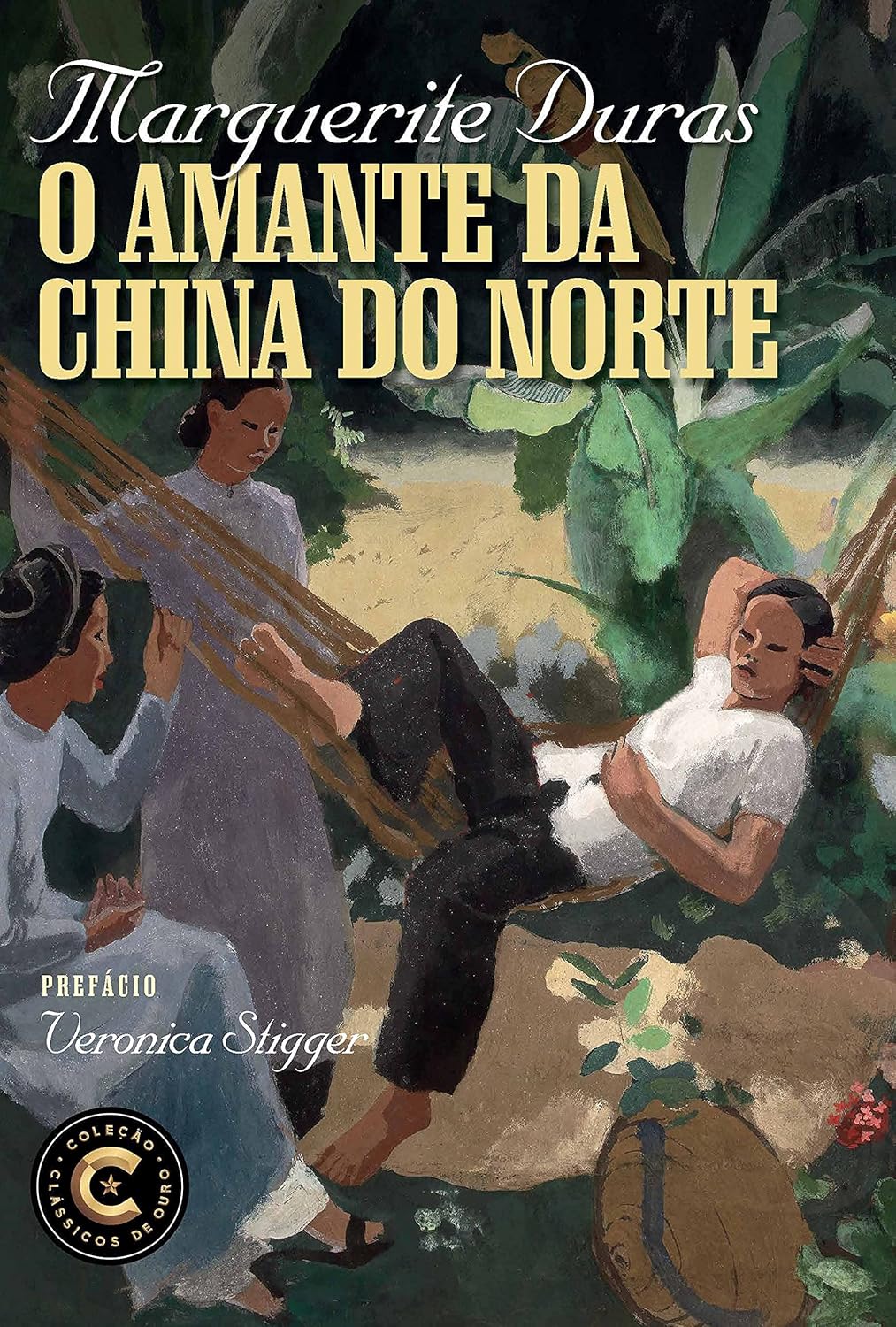 O Amante da China do Norte Capa de livro com ilustração de três mulheres em ambiente natural com plantas verdes e rede.