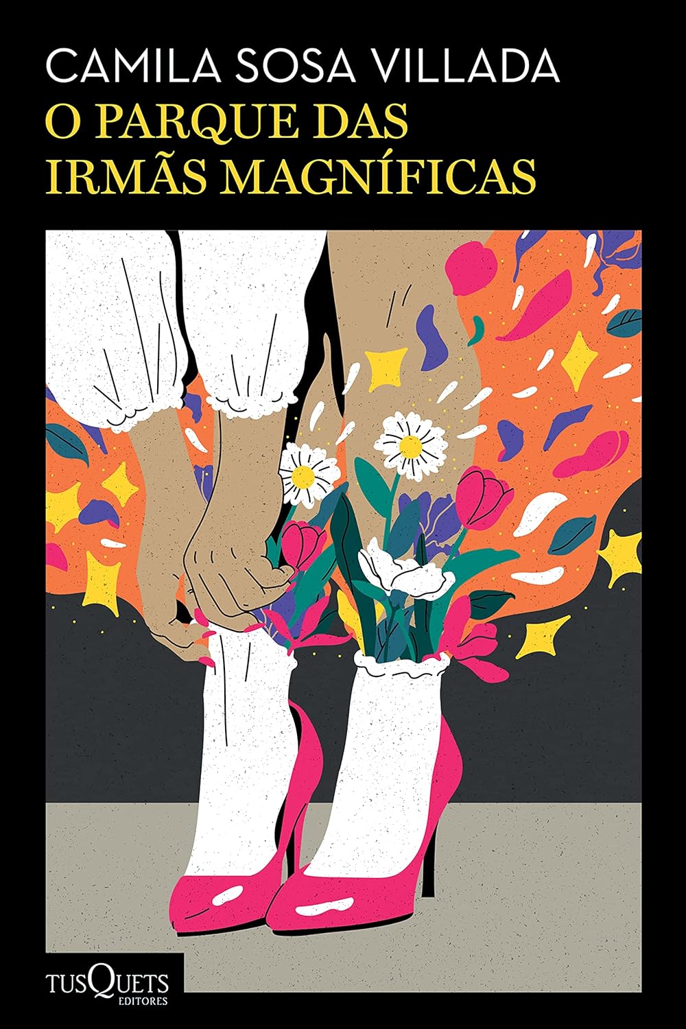 O Parque das Irmãs Magníficas Ilustração colorida de mãos a calçar meia branca em sapatos rosa com flores a sair de dentro das meias.