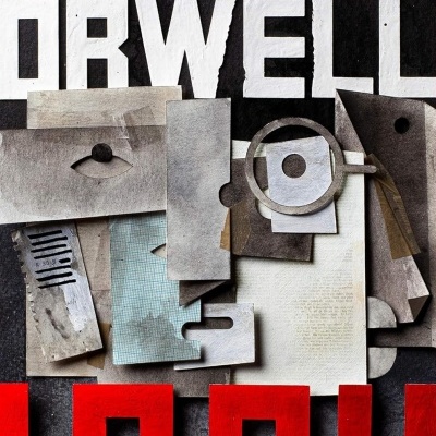 Capa de livro com o título GEORGE ORWELL 1984, formas abstratas cinzentas, fundo preto e vermelho