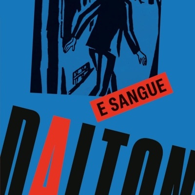Capa de livro azul com ilustração preta e texto em vermelho e preto