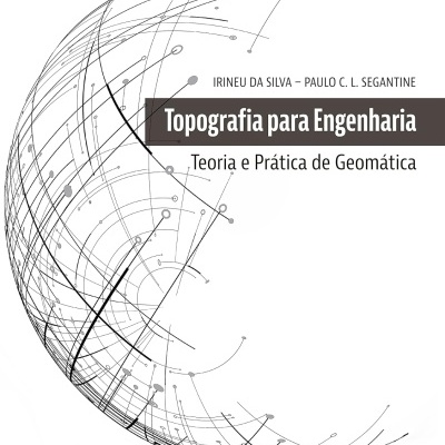 Capa de livro Topografia para Engenharia com linhas pretas e cinzentas formando um globo