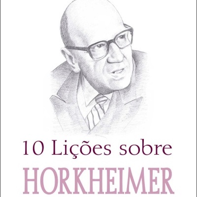 Capa de livro branco com ilustração a lápis de homem e texto sobre Horkheimer