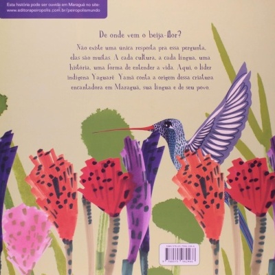 Contracapa de livro com ilustração de beija-flor e flores coloridas e texto em português.