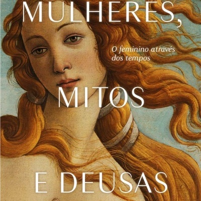 Capa de livro com pintura de mulher ruiva e texto Mulheres, Mitos e Deusas