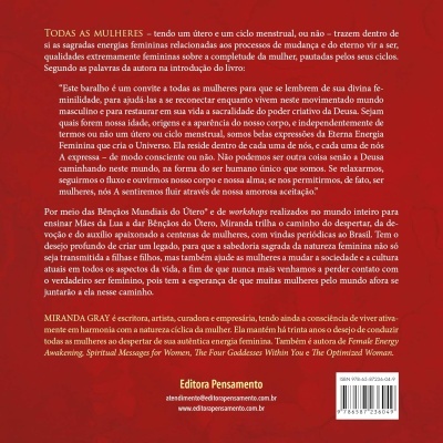 Contracapa de livro com texto sobre energia feminina, fundo vermelho, texto amarelo e branco, ISBN e logo da editora