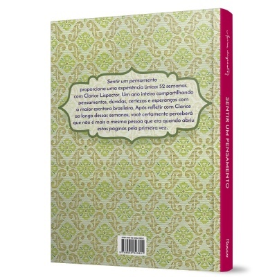 Livro com capa verde decorativa e lombada rosa intitulada SENTIR UM PENSAMENTO