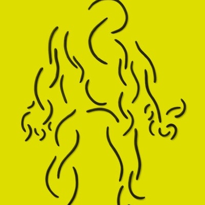 Capa de livro amarelo com título, autor, tradução, desenho abstrato preto e logotipo Orfeu Negro