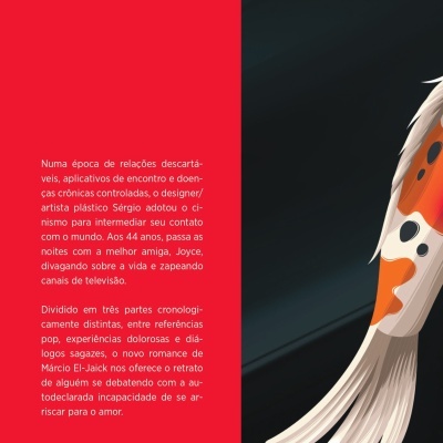 Capa traseira de livro vermelha com texto e código de barras ao centro, peixe ilustrado ao lado direito.