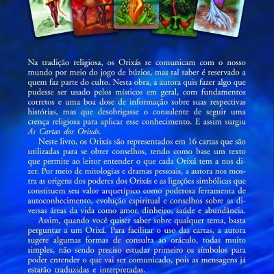 Contracapa de livro azul com cartas coloridas de Orixás e texto em português.