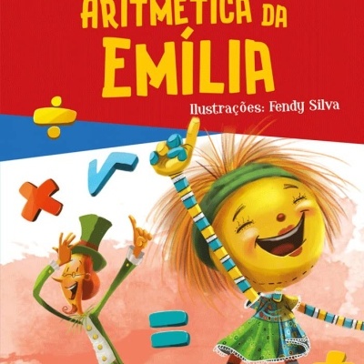 Capa de livro infantil ARITMÉTICA DA EMÍLIA com personagens animados e símbolos matemáticos