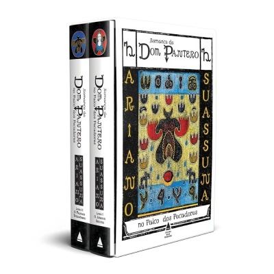 Conjunto de dois livros Romances de Dom Pajueiro com capa branca e ilustrações abstratas coloridas