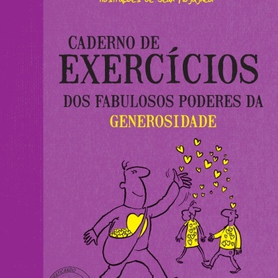 Capa de livro lilás com texto preto e amarelo e ilustração de personagens com corações amarelos