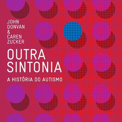 Capa de livro vermelha com círculos roxos e azul e texto branco sobre autismo