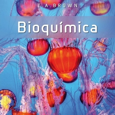 Capa de livro com águas-vivas laranja e texto Bioquímica