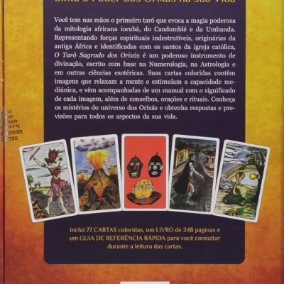 parte de trás da caixa do Tarô Sagrado dos Orixás com descrição e imagens de cinco cartas coloridas