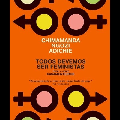 Capa de livro laranja com símbolos femininos e masculinos coloridos e texto em branco e preto.