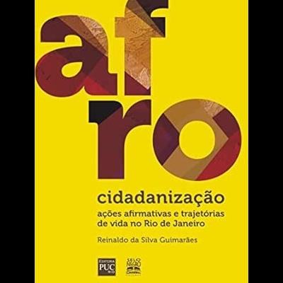 Capa amarela de livro com título afro em letras grandes multicoloridas e texto informativo em preto