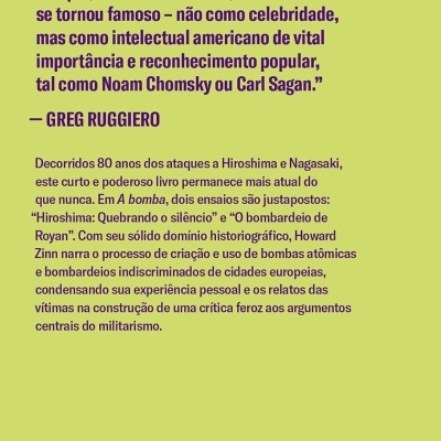 Capa de livro com texto roxo sobre fundo verde, citação, resumo, tradução, ISBN e logótipo Manjuba.
