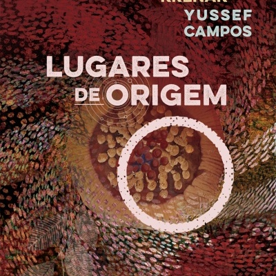 Capa de livro com fundo abstrato vermelho e texto LUGARES DE ORIGEM
