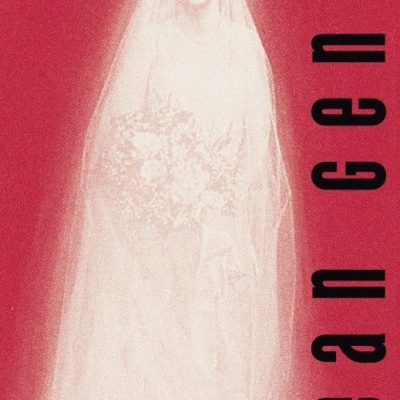 Noiva em vestido branco com véu e bouquet, fundo vermelho texto Jean genet
