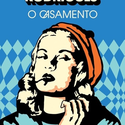 Capa de livro ou cartaz com ilustração pop art de mulher e texto NELSON RODRIGUES O CASAMENTO