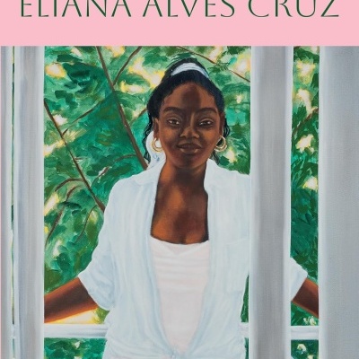 Capa do livro MERIDIANA de ELIANA ALVES CRUZ com pintura de mulher negra junto a uma varanda e folhagem verde ao fundo